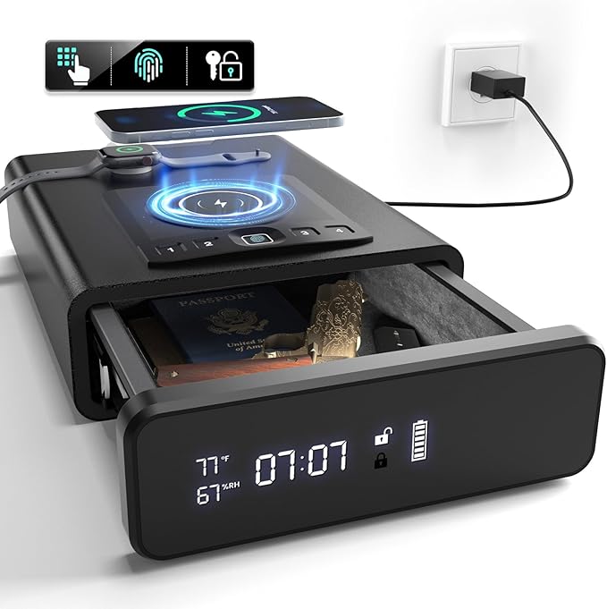 Grimtron Alarm Clock Biometric DOJ Gun Safe, Wireless Charging（Black）