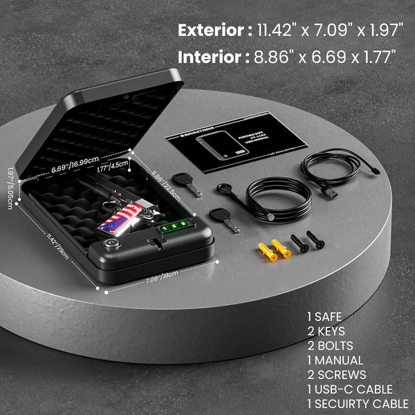 Grimtron Portable Pistol Safe – Electronic Lock & Key Access, Compact Car Gun Safe for Travel, Office, Dorm.