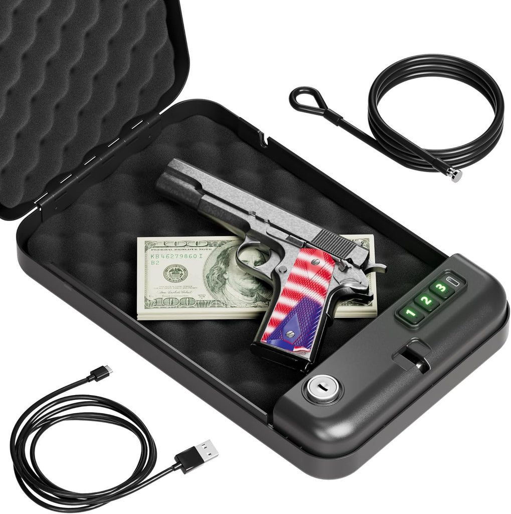 Grimtron Portable Pistol Safe – Electronic Lock & Key Access, Compact Car Gun Safe for Travel, Office, Dorm.