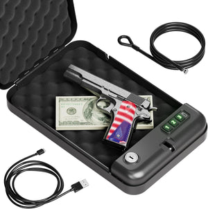 Grimtron Portable Pistol Safe – Electronic Lock & Key Access, Compact Car Gun Safe for Travel, Office, Dorm.